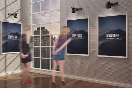 高清室内艺术展览馆墙上展览海报形式样机素材