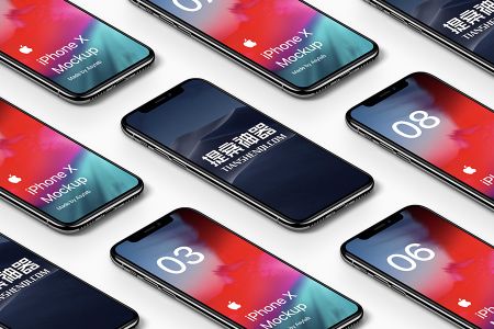 白底高清有规则黑色iPhoneX正面屏保可切换排列样机素材
