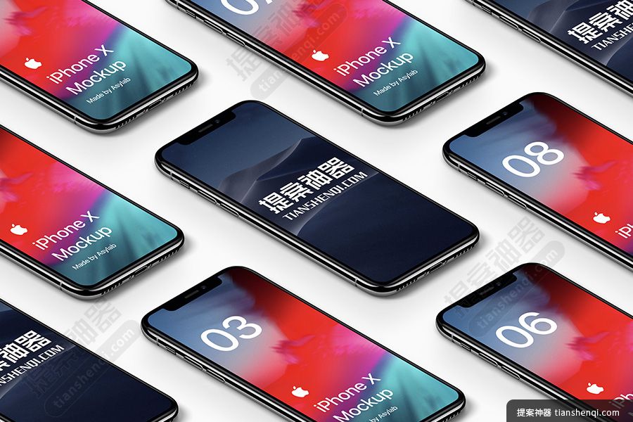 白底高清有规则黑色iPhoneX正面屏保可切换排列样机素材