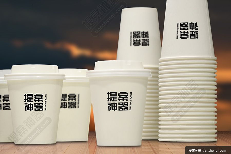 室内桌上背景多个白色纸杯摞式展放包装样机素材