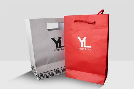 高清灰底两个立式白色简约纸质手提袋包装样机素材
