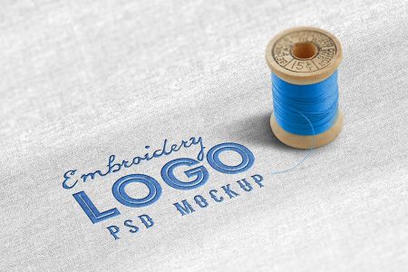 高清布料上刺绣蓝色线缝logo样机素材