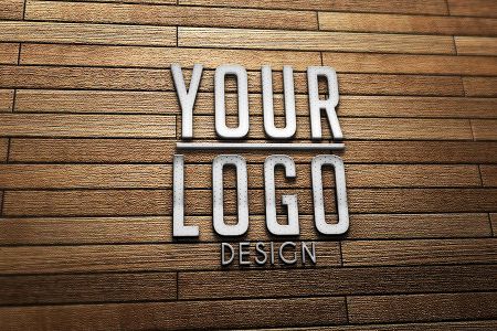 高清方形木头背景上白色不锈钢金属logo样机素材