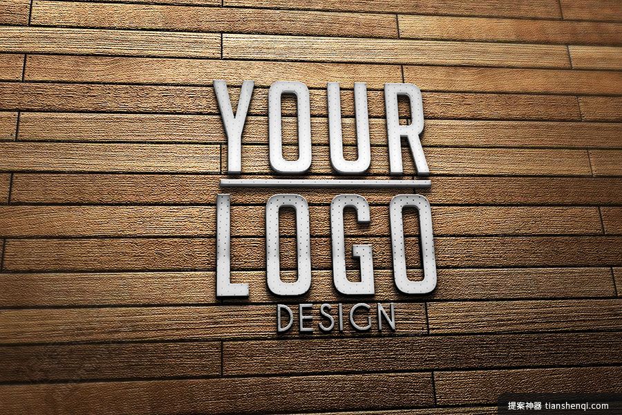 高清方形木头背景上白色不锈钢金属logo样机素材