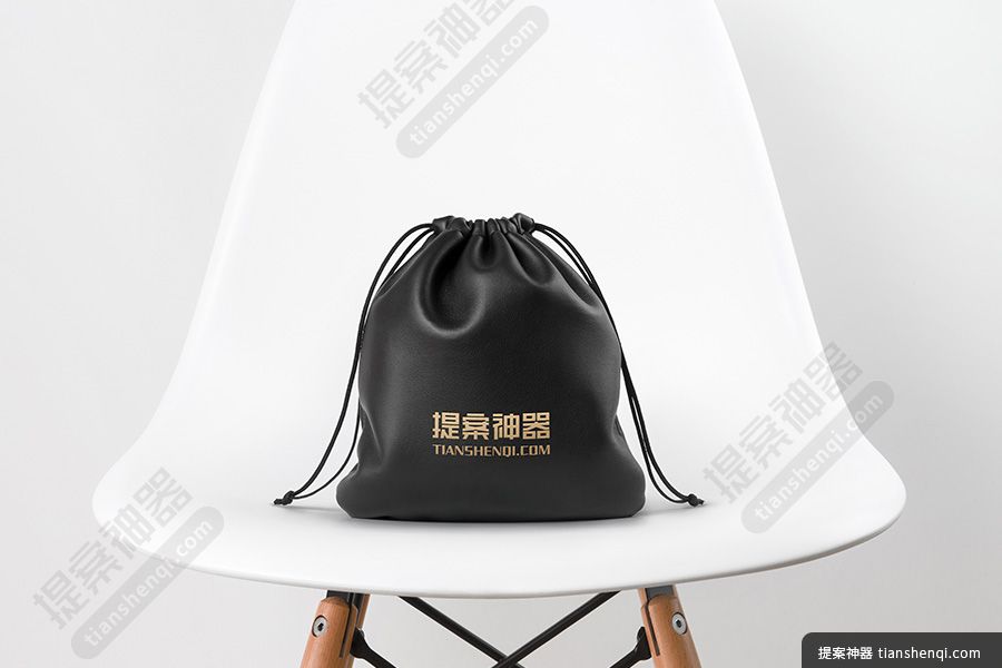 白色简约背景木质椅子和黑色pu皮金色logo印制组合样机素材