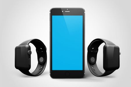 简约灰色背景iPhone与AppleWatch组合样机素材