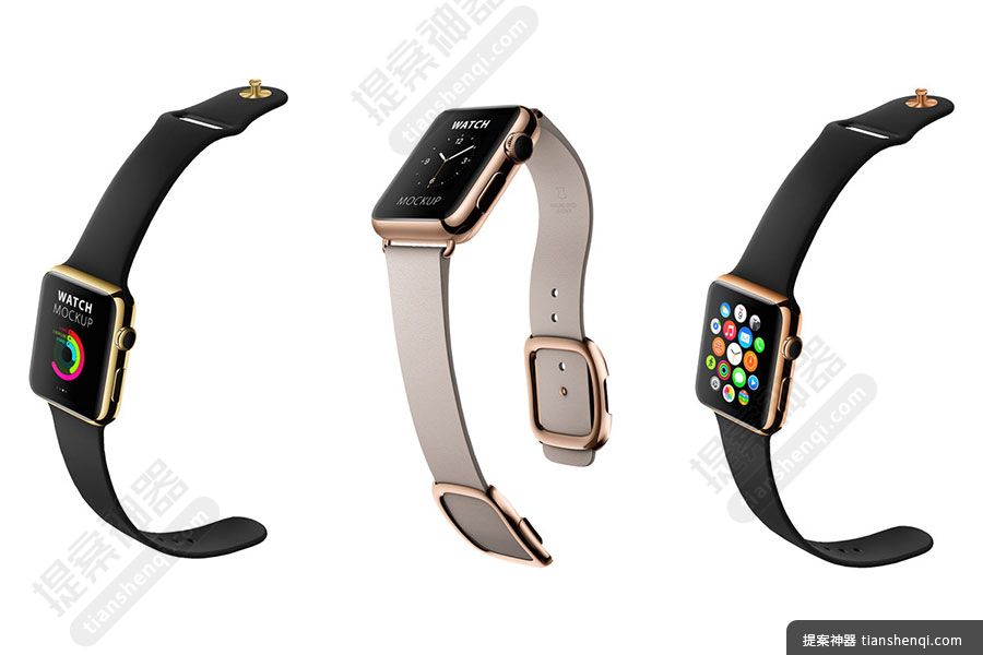 白色背景三条AppleWatch展开屏幕细节贴图样机素材