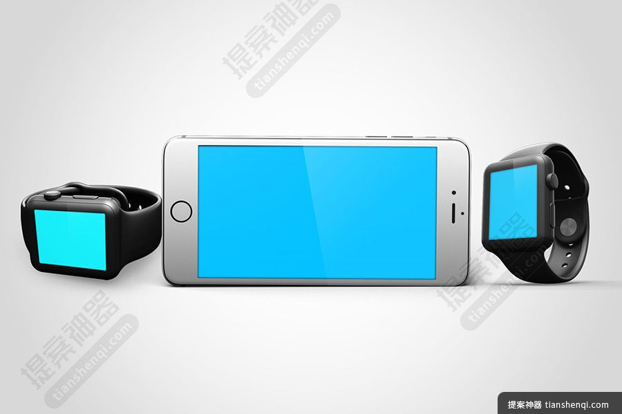 高清简约灰色背景iPhone与多部AppleWatch组合样机素材