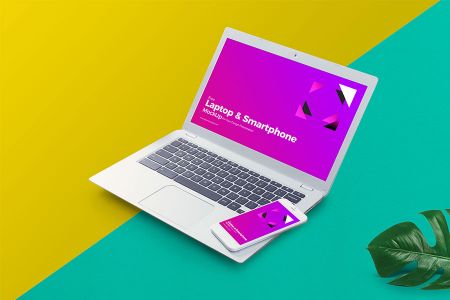彩色简单背景Macbook和iPhone屏幕可更换样机组合素材
