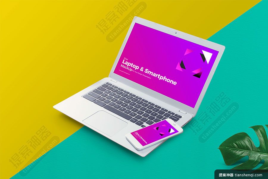 彩色简单背景Macbook和iPhone屏幕可更换样机组合素材