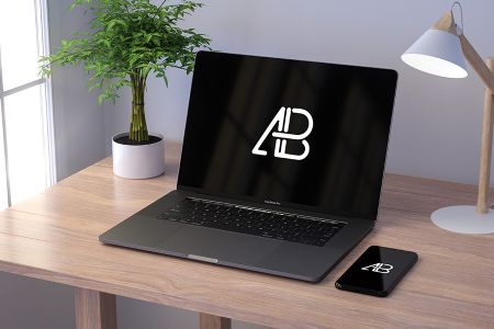 高清简约办公场景与Macbook组合展示样机素材