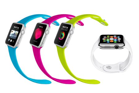 白色背景多种颜色表带高清AppleWatch屏幕细节展示样机素材