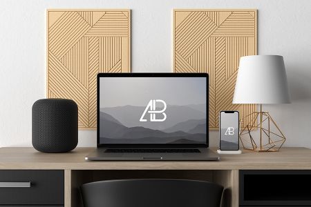 高清简约办公场景灯具装饰与Macbook组合展示样机素材