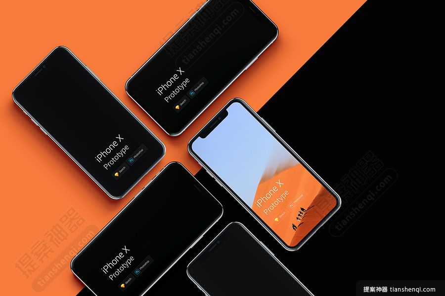橙黑背景竖式iPhone-X多屏UI样机APP效果图展示贴图样机素材