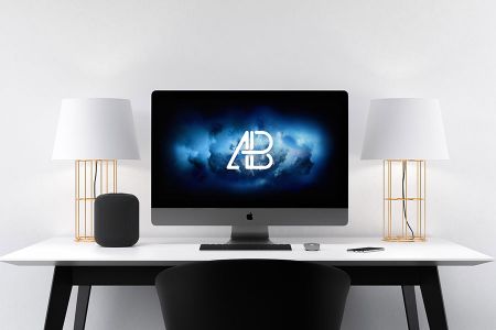 高清白色背景简约办公场景灯具装饰与iMac组合展示样机素材
